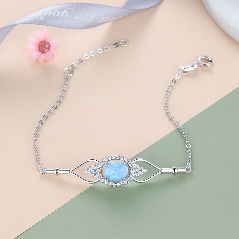 Blue Round Opal Marquise Design Zircon Sterling Silver Bracelet