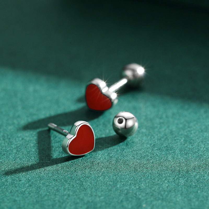 Sweet Heart Enamel Drop Sterling Silver Stud Earrings
