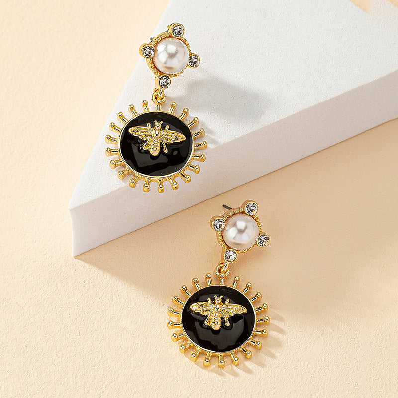 Vintage Bee Drop Earrings with Metal Glaze Accent - Wholesale Statement Jewelry
