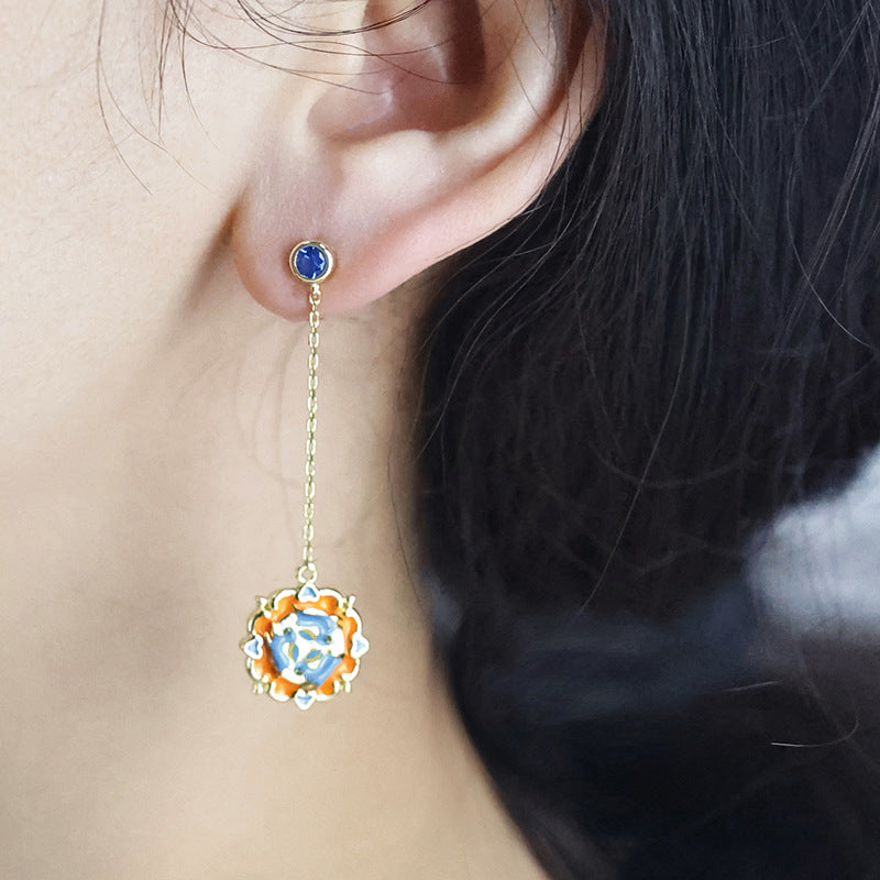 Long Tassel Three Rabbit Creative Pendant Blue Zircon Sterling Silver Drop Earrings