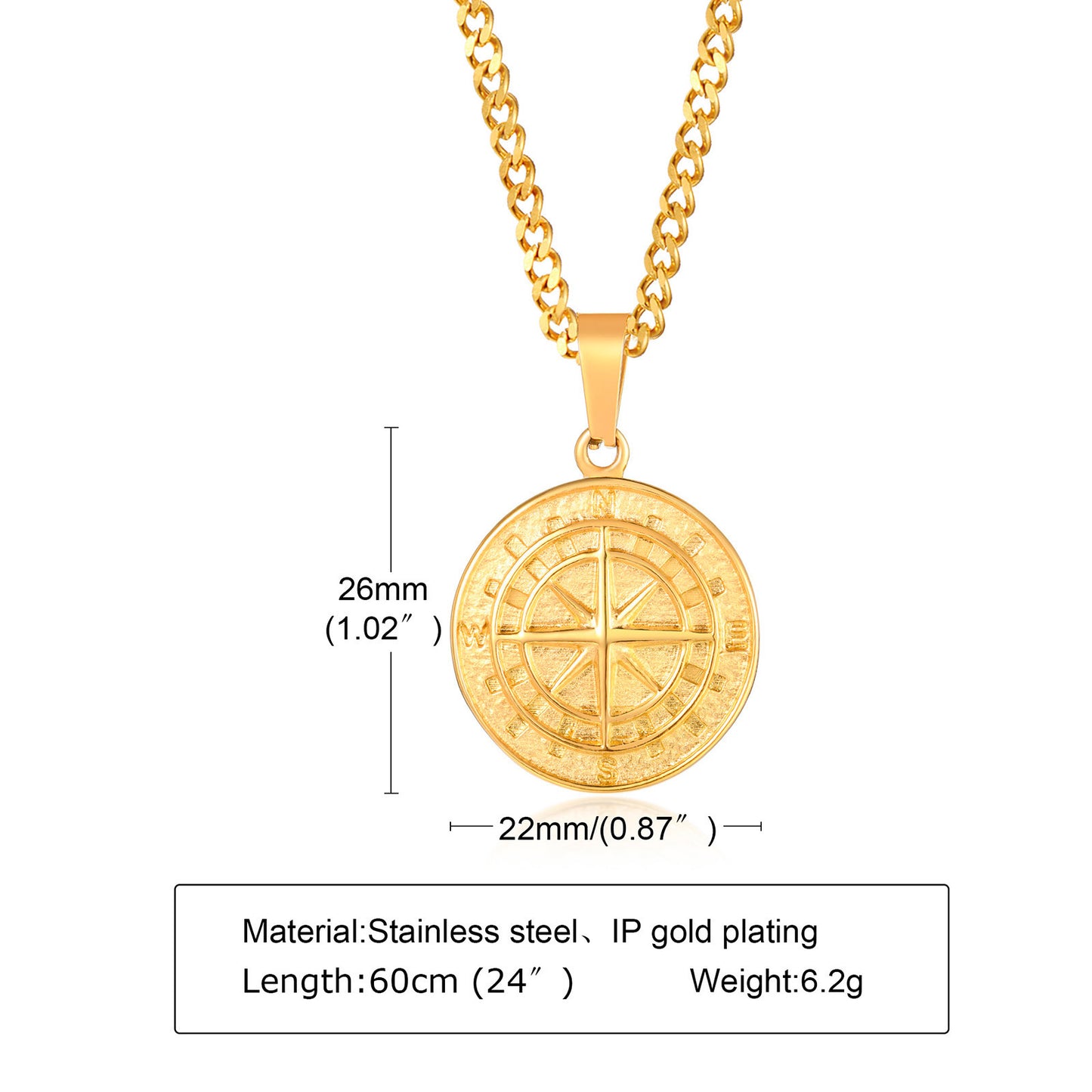 Stainless Steel Compass Pendant Gold Coin Compass Necklace