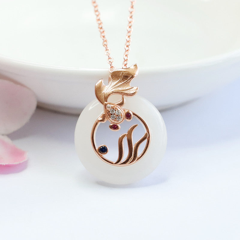 Sterling Silver Jade Koi Fish Necklace with Hetian Jade Peace Ring