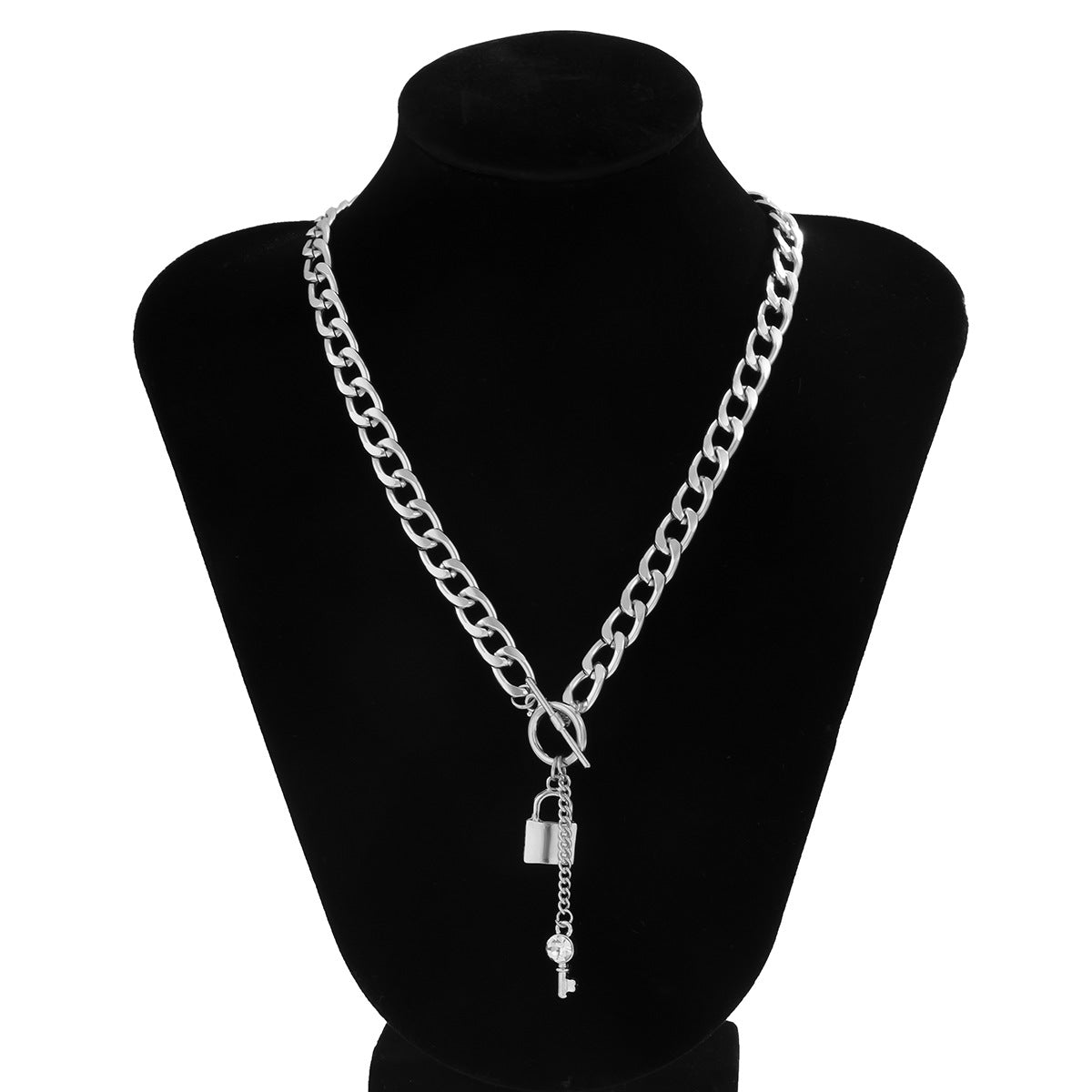 Punk Thick Chain Lock-Shaped Key Pendant Necklace Micro-Inlaid Chain Geometric Ot Buckle