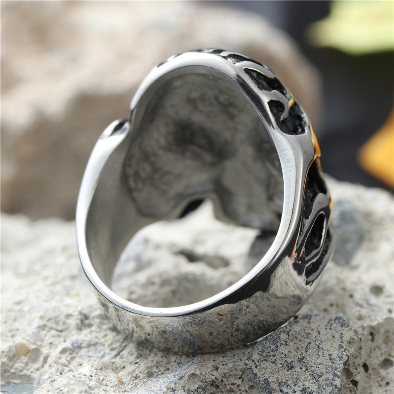 Titanium Steel Retro Punk Flame Skull Ring for Men - European and American Style