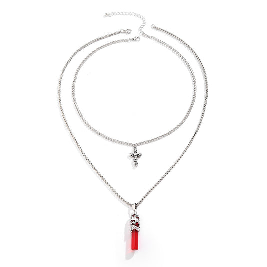Unique Boho Style Crystal Cross Pendant Necklace with Geometric Tassel Embellishment