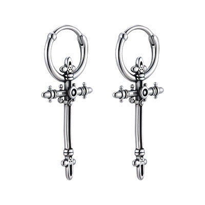 Antique-Silver Ornate Cross Hoop Earring — Single
