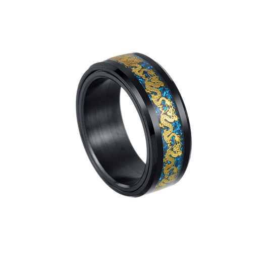 Rotating Chinese Dragon Decompression Ring - Black Plated Titanium Steel Jewelry 8mm Wide - Men's Fashion Piece