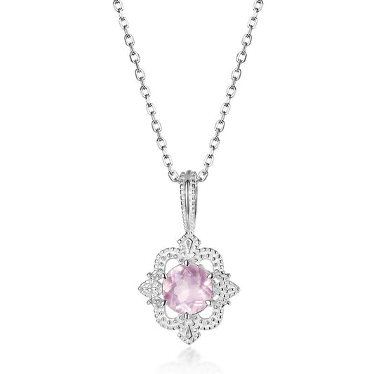 Round Cut Pink Crystal Flower Silver Necklace