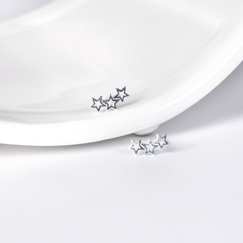 Row of Three Hollow Stars Sterling Silver Stud Earrings