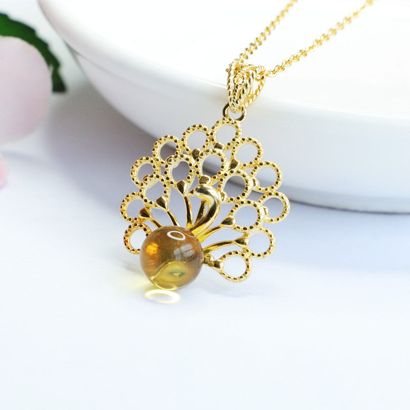 Gold Amber Peacock Necklace with Sterling Silver Chain