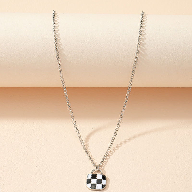 Sweet and Chic Monochrome Checkerboard Cross-border Necklace with Eight Diagrams Pendant