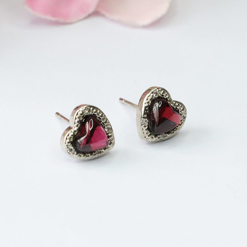 Garnet Heart 925 Silver Stud Earrings