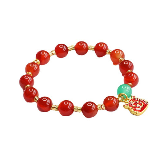 Tiger Head Natural Red Agate and Green Chalcedony Sterling Silver Bracelet