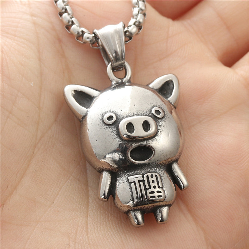 Titanium Steel Retro Lucky Pig Pendant Necklace for Men - Trendy Punk Animal Jewelry