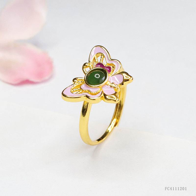 Green Jadeite Butterfly & Enamel Ring