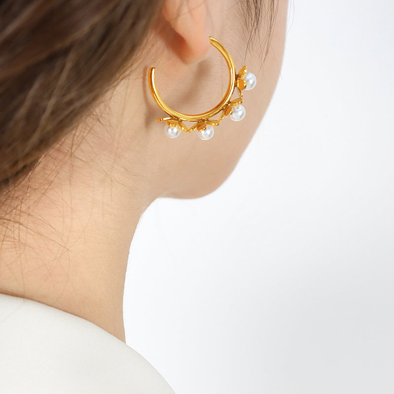 Korean-Inspired Gold-Plated Flower Earrings with Imitation Pearls