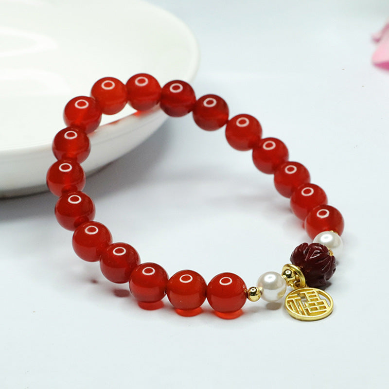 Elegant Sterling Silver Bracelet with Natural Red Agate, Purple Sand Lotus, and Pearl