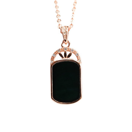 Fortunate Blackish Green Jade Pendant Necklace with Three Leaf Grass Zircon
