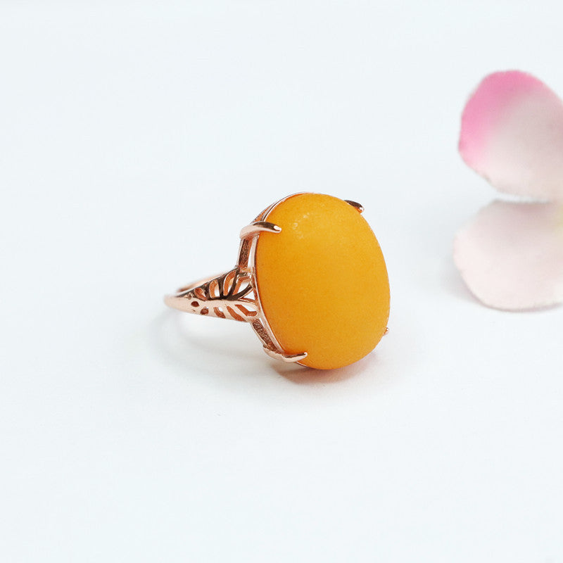 Baltic Amber Sterling Silver Adjustable Ring with Frosted Finish