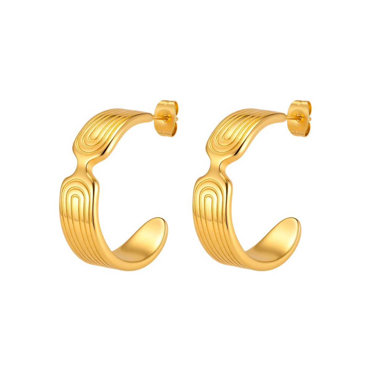 Gold-Tone Sculptural Grooved Open Hoop Earrings
