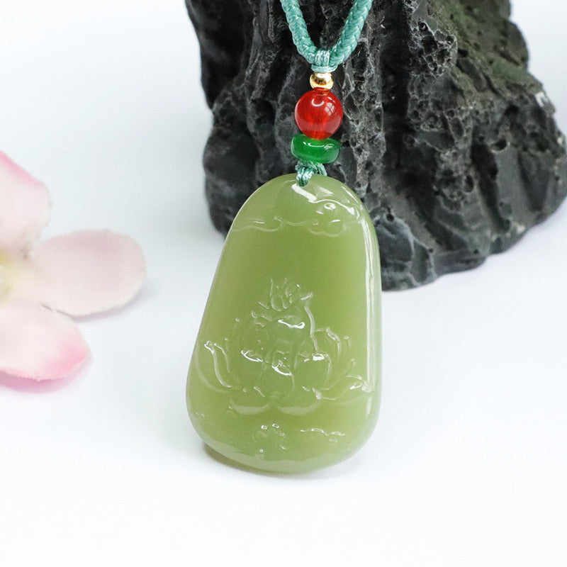 Lake Green Jade Lotus Necklace Crafted from Natural Hetian Jade