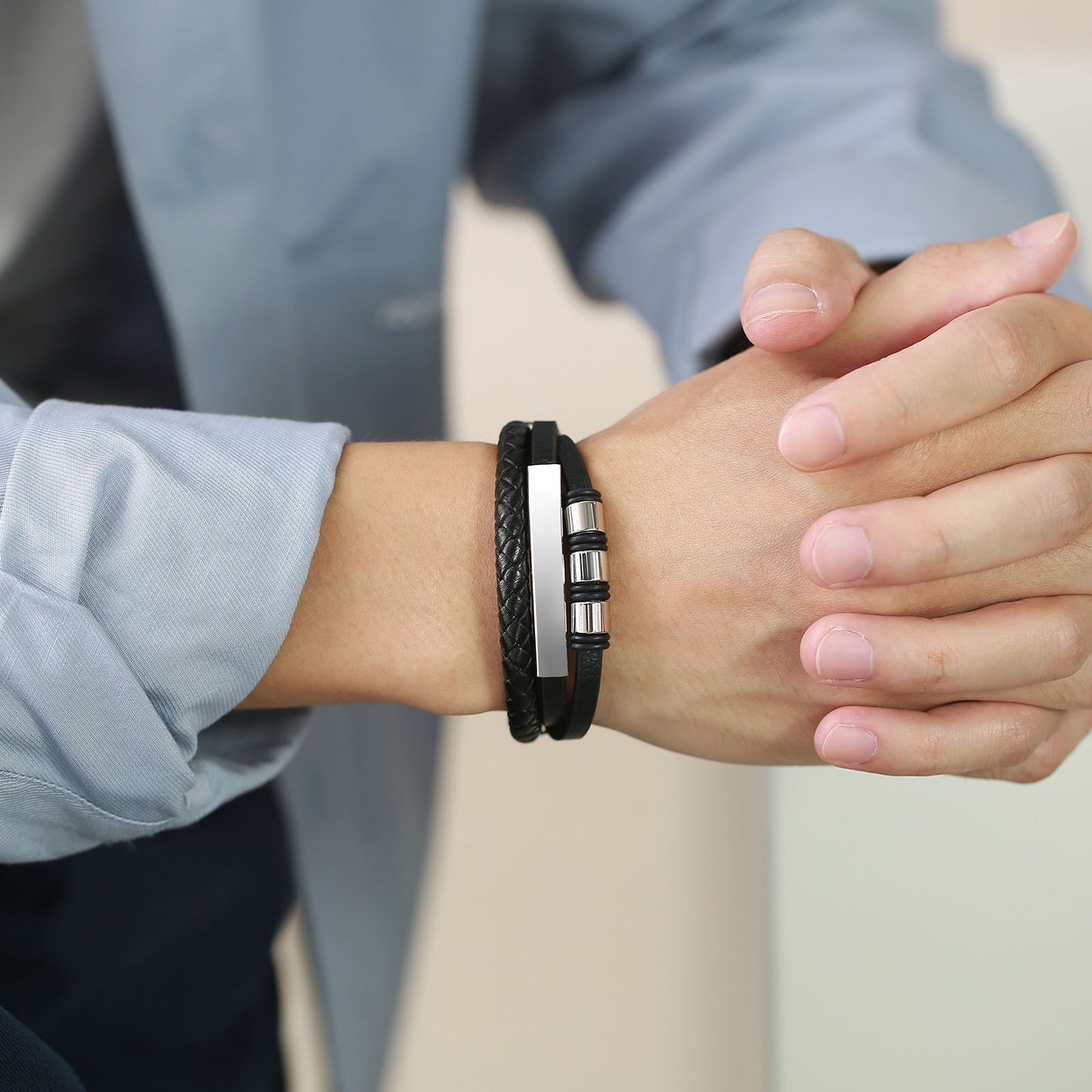 Titanium Steel Men's Leather Bracelet Three-Layer Black Model