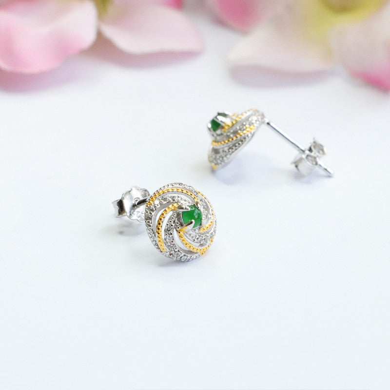 Icy Green Jadeite Spiral 925 Silver Stud Earrings