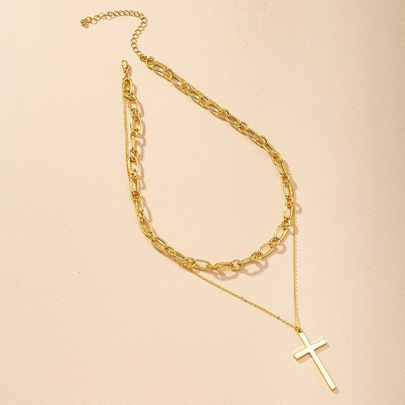 European-Inspired Cross Pendant Double Necklace Set - Stylish Fashion Neck Ornament