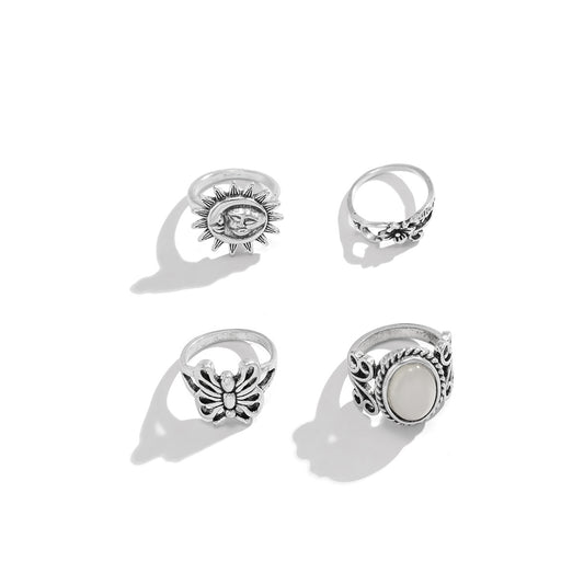 Sun Relief Butterfly Gemstone Ring Set with Ethnic Retro Charm