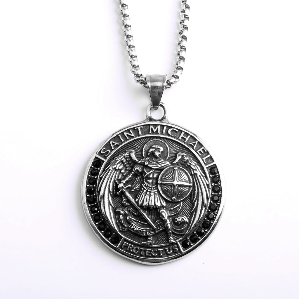 Vintage St. Michael Angel Stainless Steel Men's Pendant Necklace