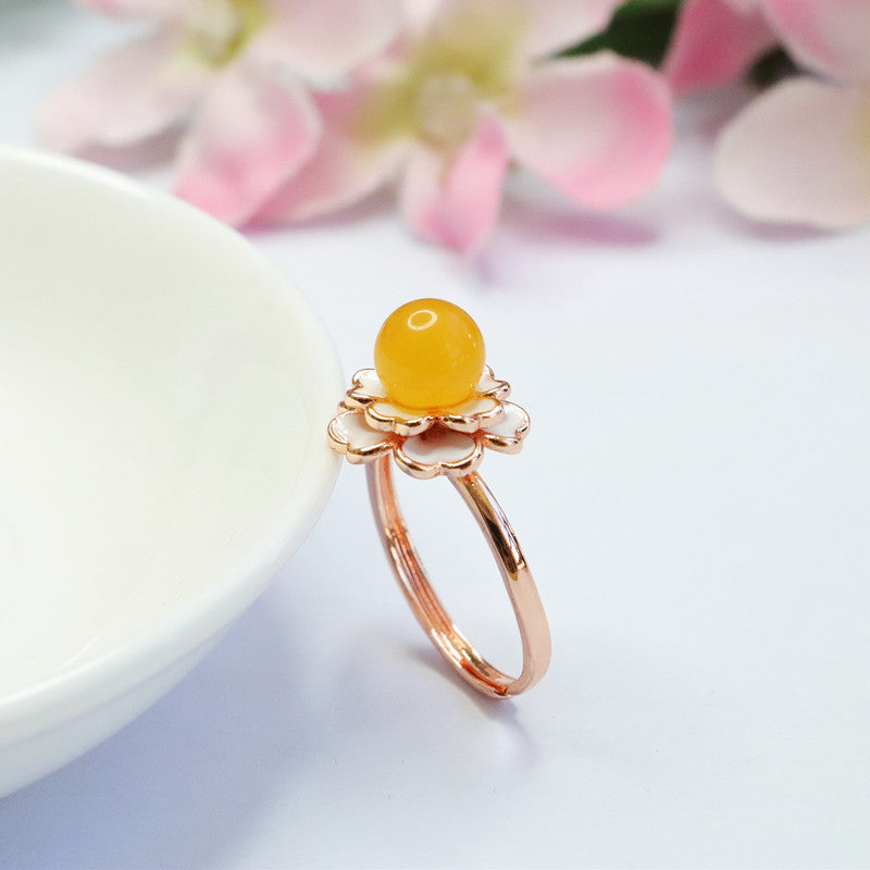 Amber Camellia Honey Wax Beaded Ring