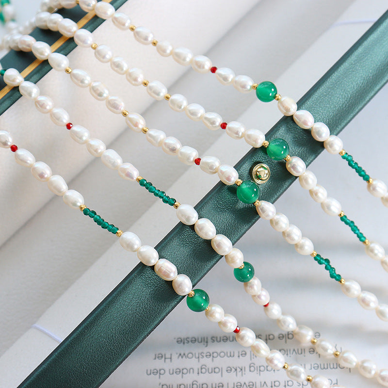 Agate and Pearl Beaded Necklace with Stylish Titanium Steel Buckle