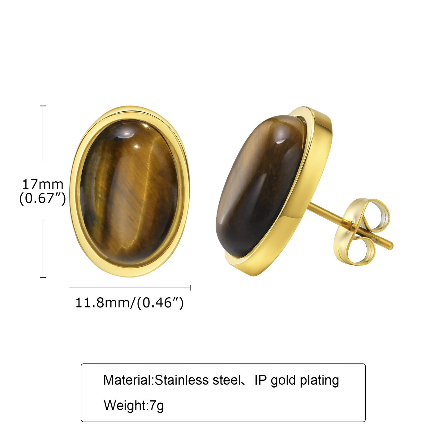 Women's Personality Simple Oval Stainless Steel Tiger's Eye Earrings Gold