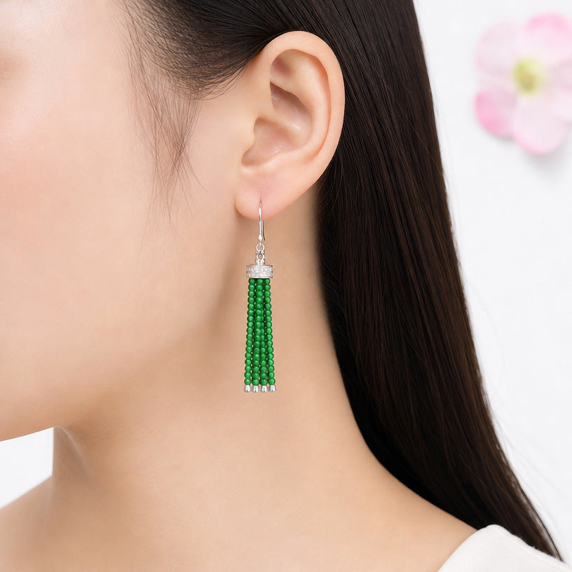 Jadeite Tassel 925 Silver Drop Earrings