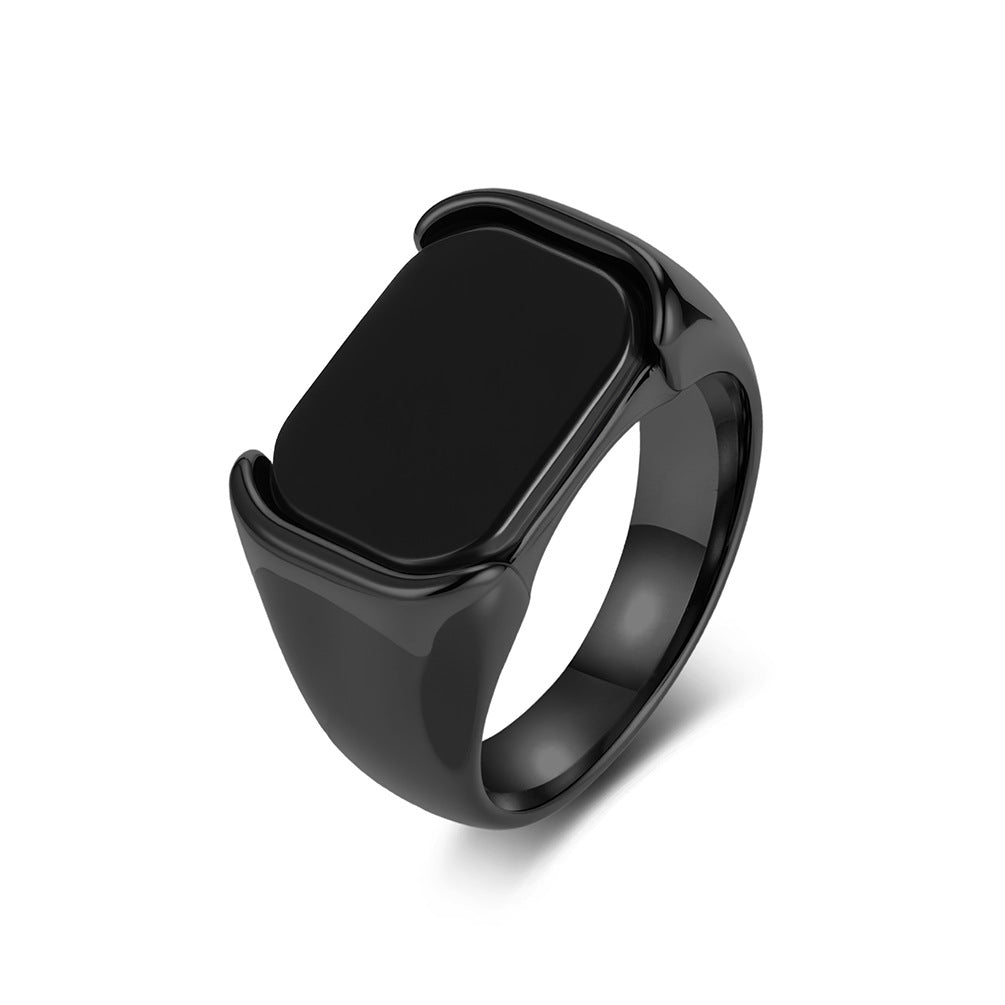Planderful Glossy Black Gemstone Titanium Steel Ring For Everyday Wear Unisex Bold Minimal Jewelry Sizes 8 To 13