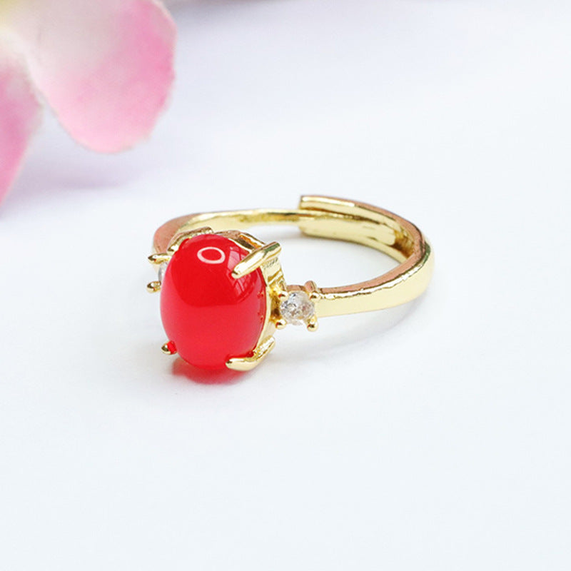 Ethnic Style Adjustable Natural Green Chalcedony and Pigeon Blood Red Agate Sterling Silver Ring