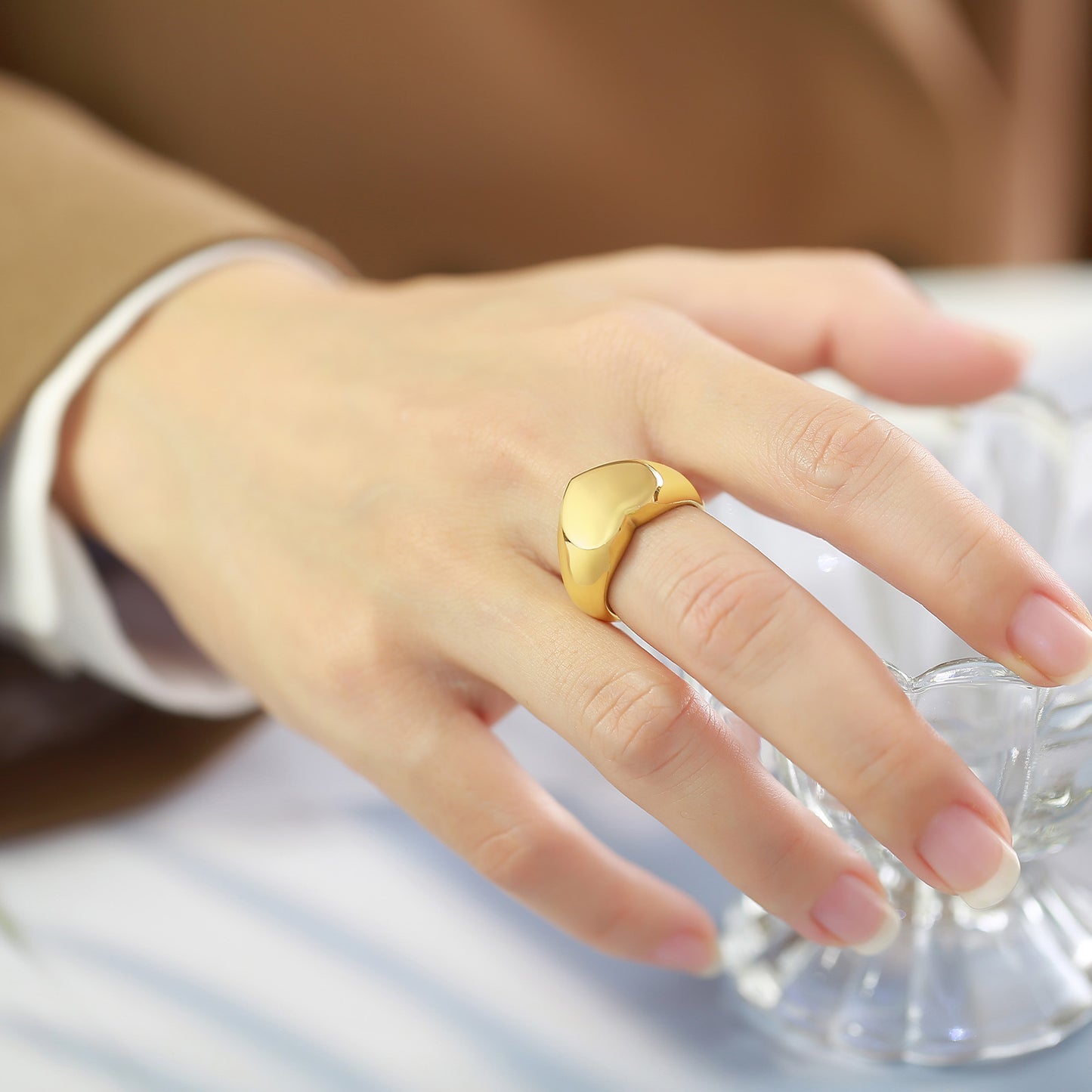 Stainless Steel Heart-Shaped Seal Ring Gold Women's Cast Ring