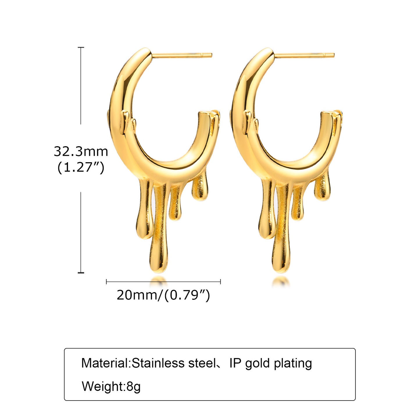 Irregular Earrings Stainless Steel Flowing Water Drop C Shaped Earrings Gold Women's Fashion
