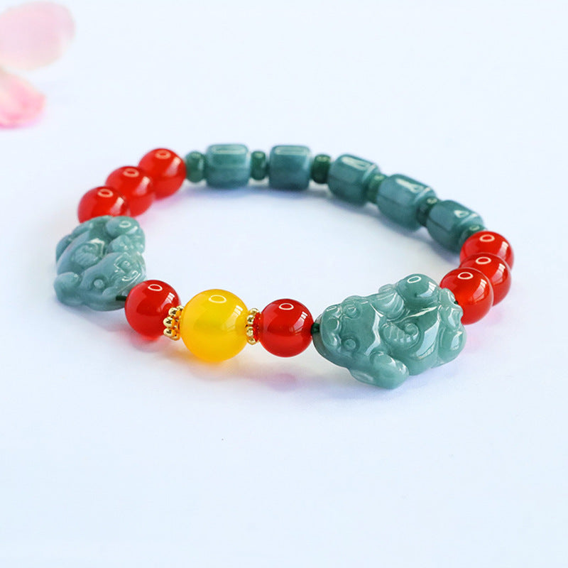 Blue Water Jadeite Pixiu & Agate Beaded Bracelet