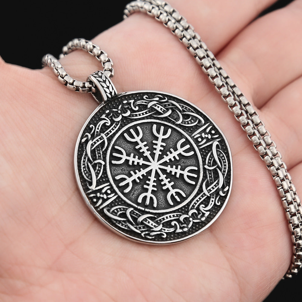 Foreign Trade New Stainless Steel Compass Round Pendant Necklace for Men