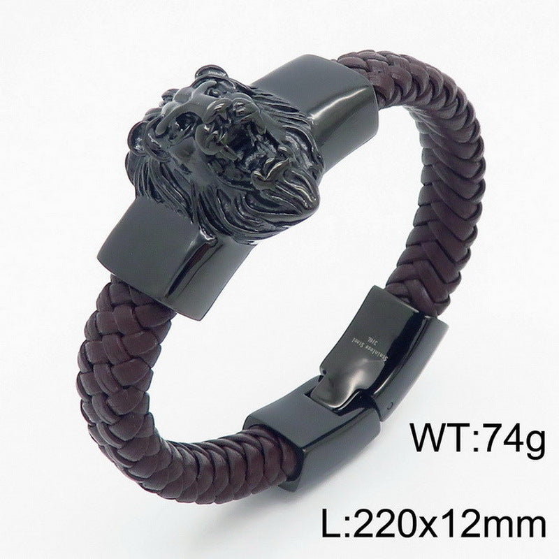 Two-Layer Leather Woven Bracelet – Casting Lion Head Snake Head Ghost Head Titanium
