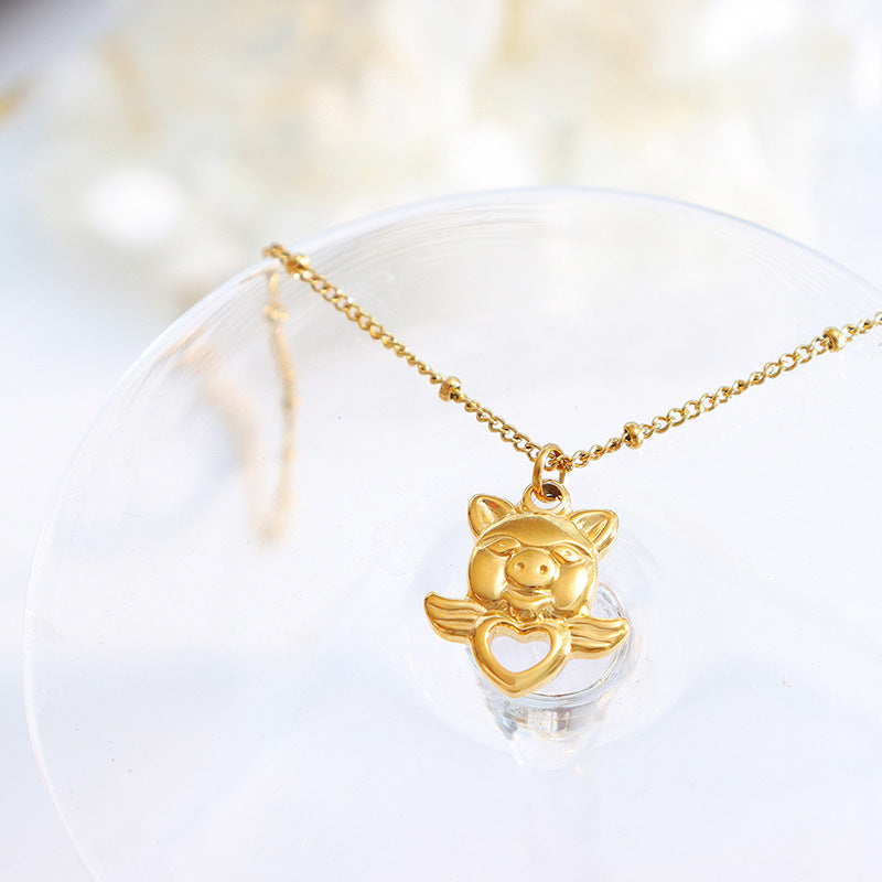 Golden Piglet Love Pendant Necklace - Unique Titanium Jewelry for Women