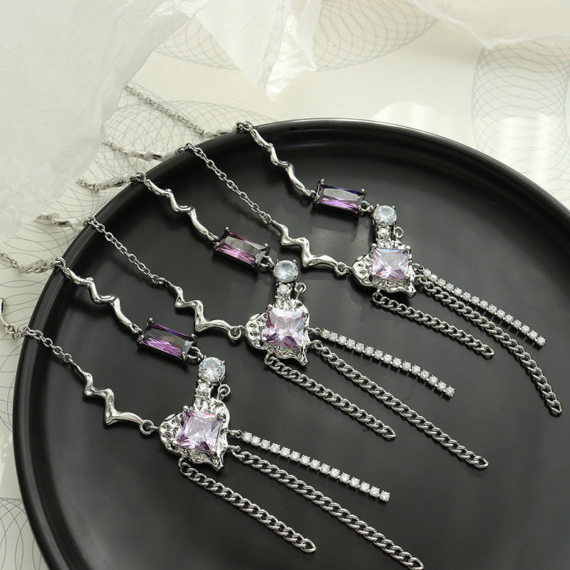 Luxurious Zircon Tassel Necklace with Heart Pendant - Fashionable Copper Jewelry for Women