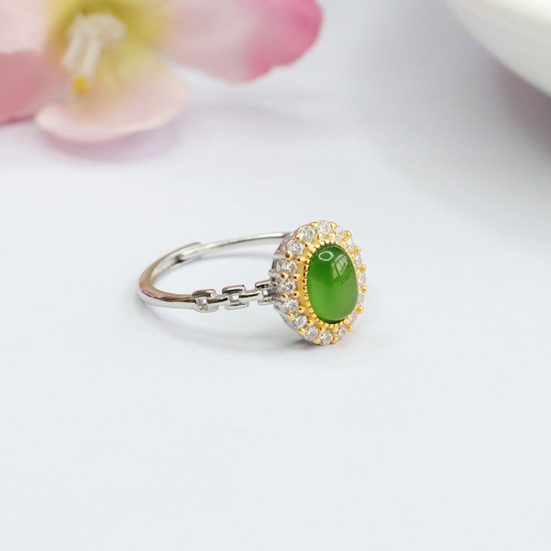 Sterling Silver Jasper and Golden Zircon Halo Jade Ring