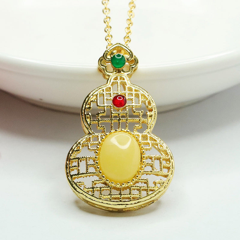 Vintage Hollow Gourd Pendant Necklace with Natural Beeswax Amber - Sterling Silver Jewelry