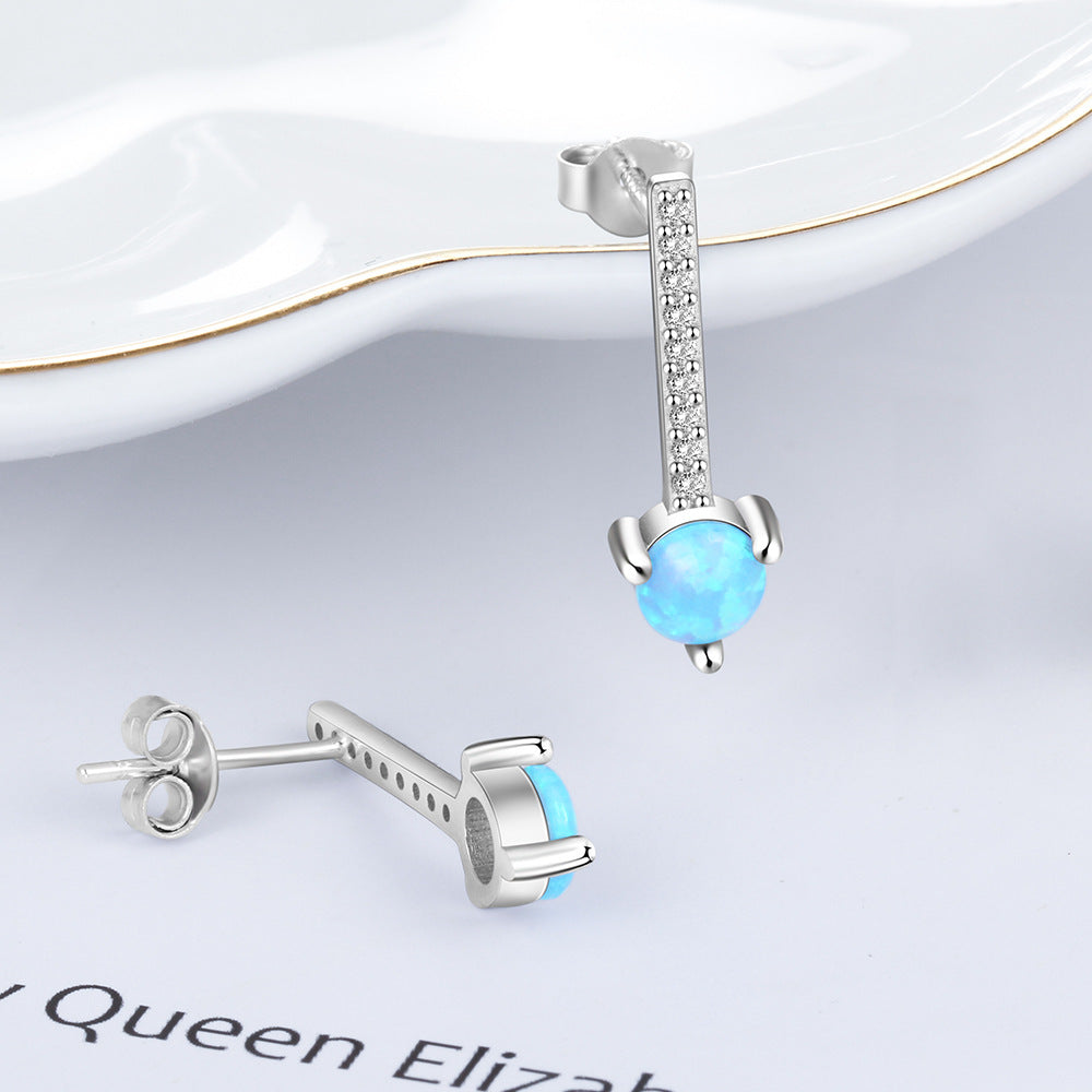 Planderful Jewelry Sterling Silver Opal Stud Earrings Blue Round Opal with Long Zircon Accent