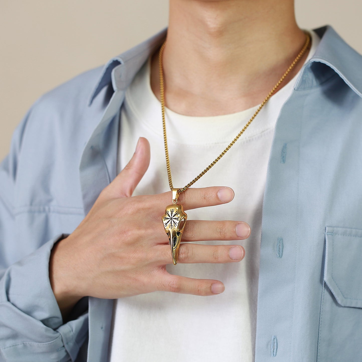 Stainless Steel Viking Crow Skull Pendant Gold Men's Necklace