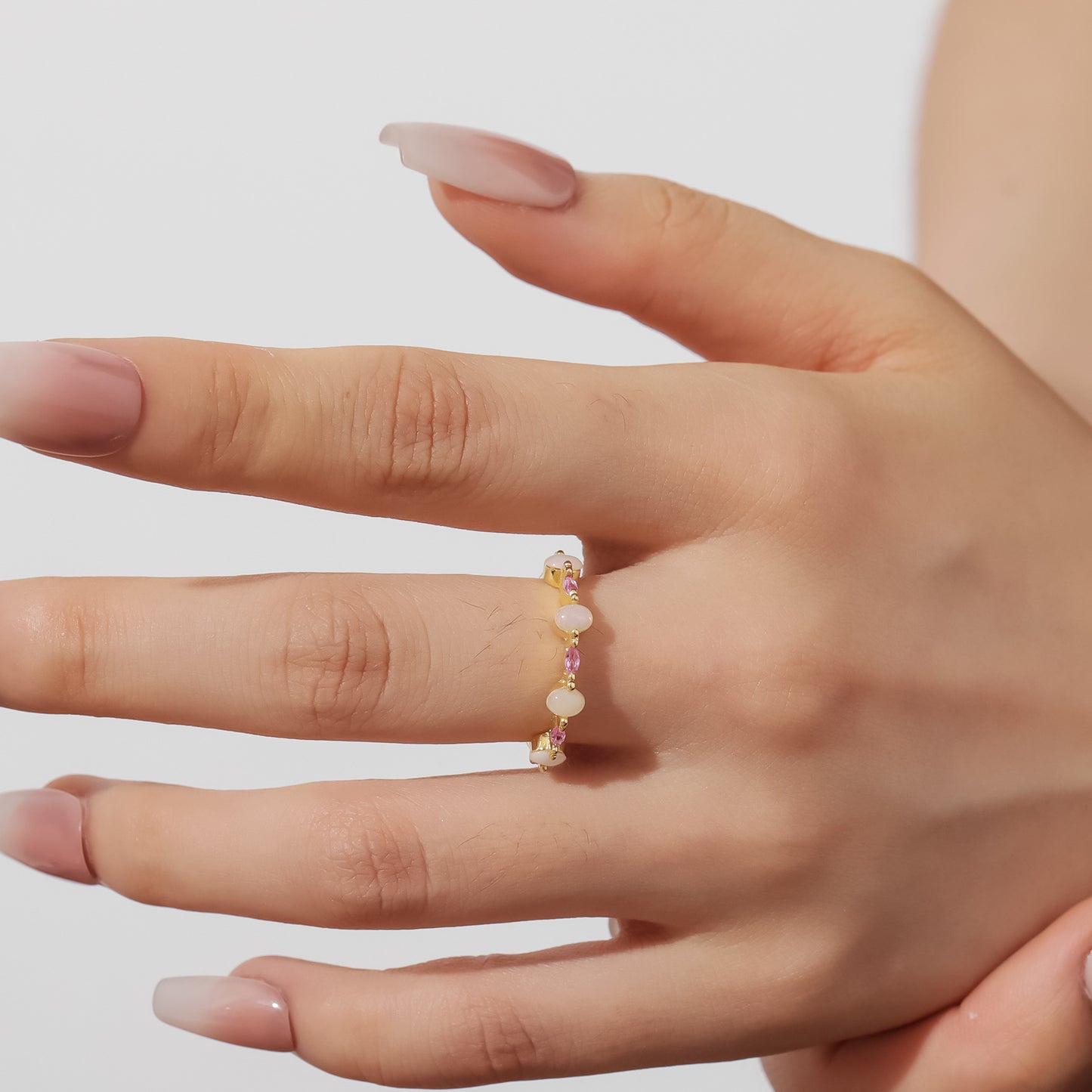 Spring and Summer Cream Wind Opal Ring S925 Silver Set