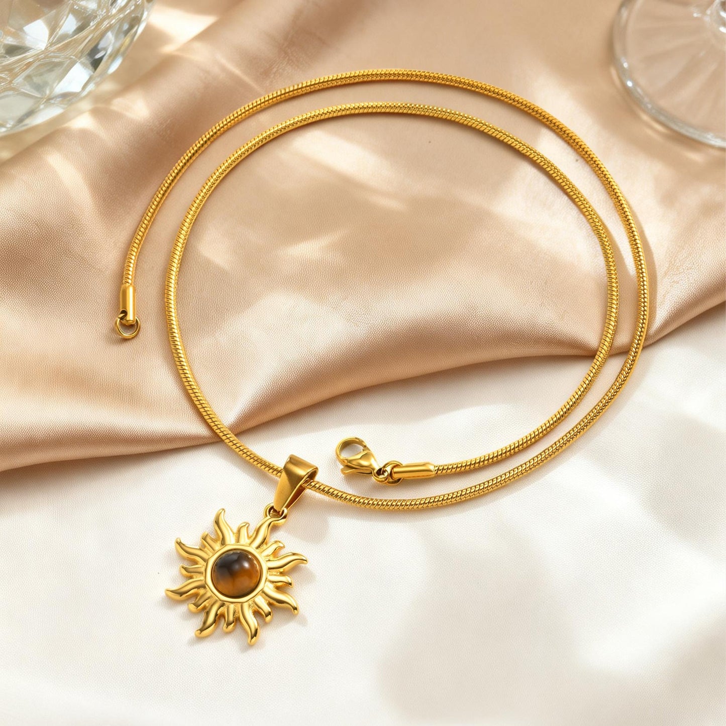 Medieval-Inspired Gold-Plated Stainless Steel Tiger's Eye Elegant Sun Necklace