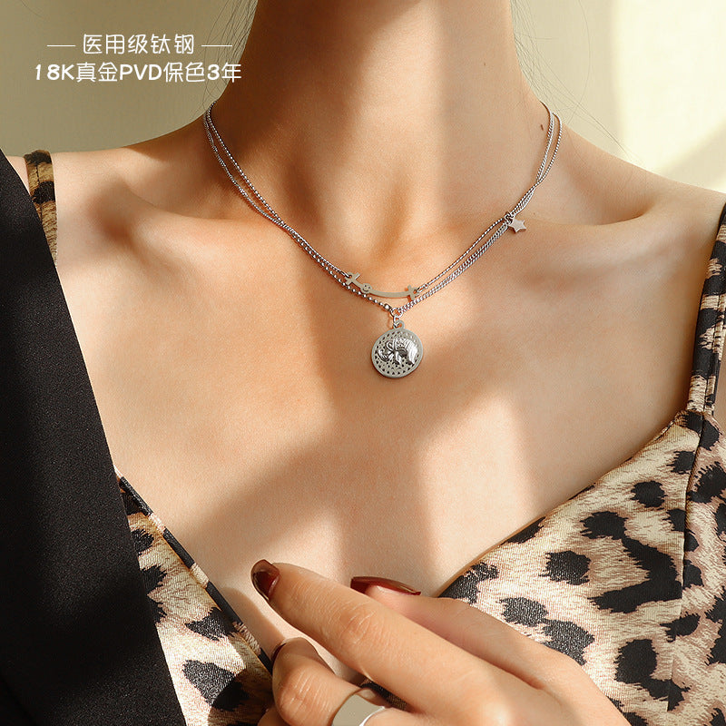 Mood-Boosting Titanium Elephant Pendant Necklace with Double Layered Chain